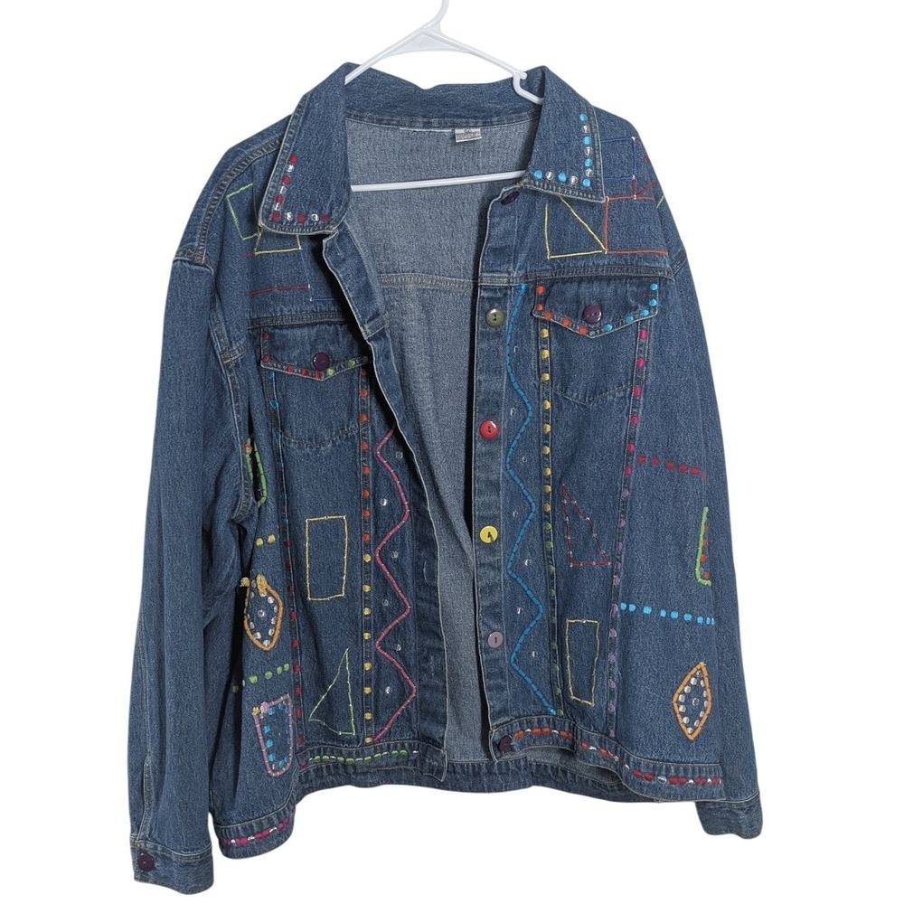 Vibrant 90s Geometric Novelty Denim Jacket - Bold Maximalist Statement 3X